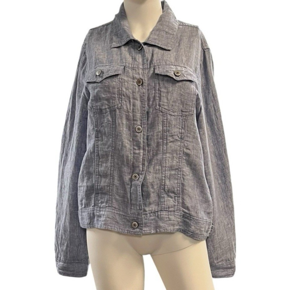 Jones & Co Linen Shacket Shirt Jacket Blue L Coastal Lagenlook Beachy Capsule